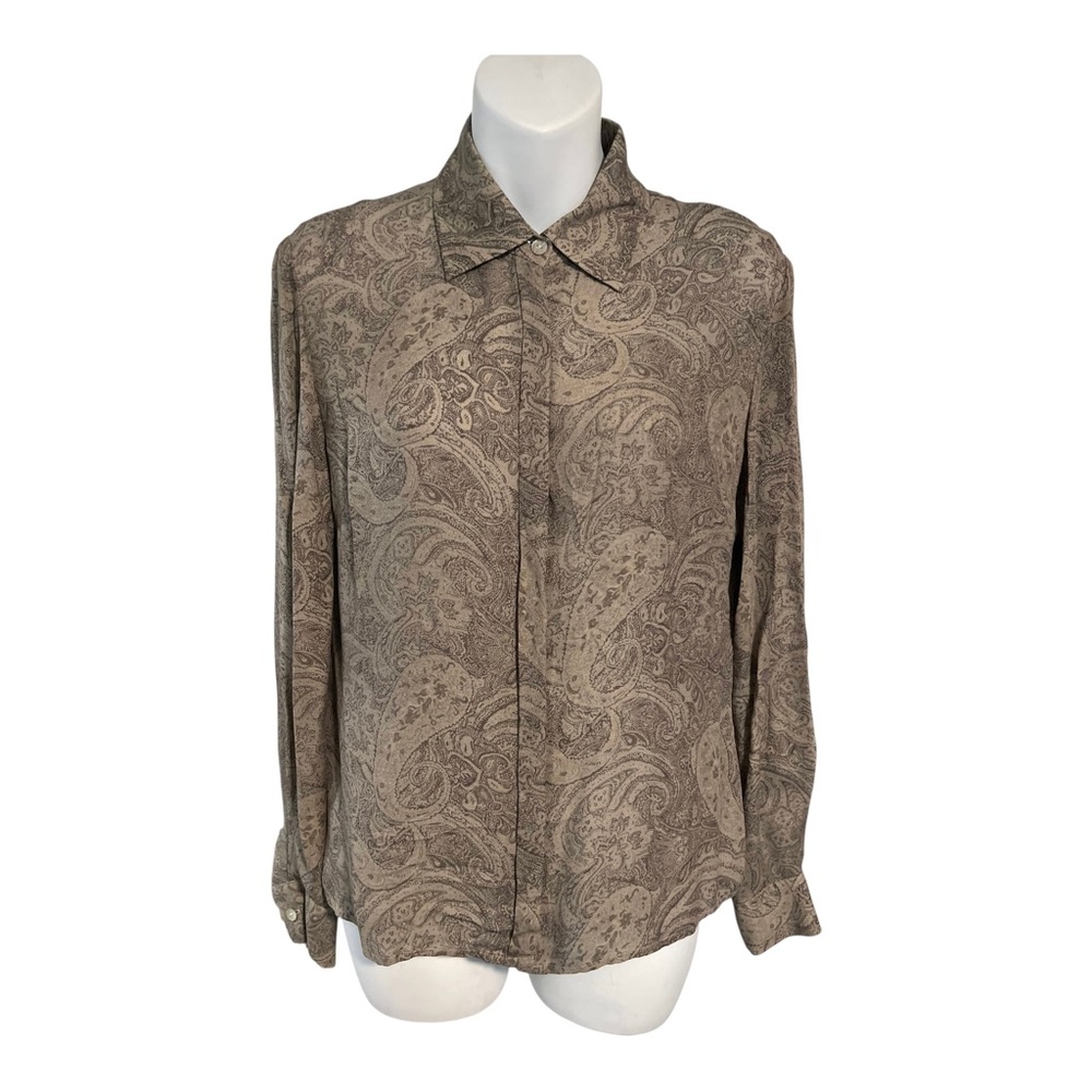 Rena Rowan 100% Silk Hidden Button Down Shirt Size 10 Neutral Paisley